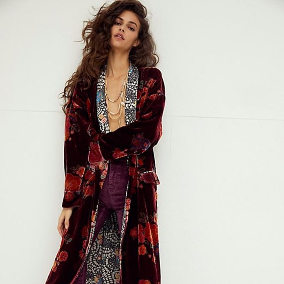 Free People Velvet “Wild Nights” Duster Jacket - Burgundy and Orange - Picture 6 of 9